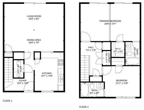 A black and white image of a floor plan for a two-story house.